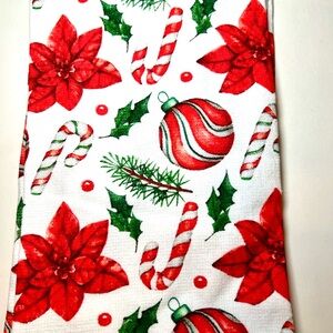 2 Peppermint Swirls Christmas Kitchen Towels Ornaments Poinsettias Candy Canes